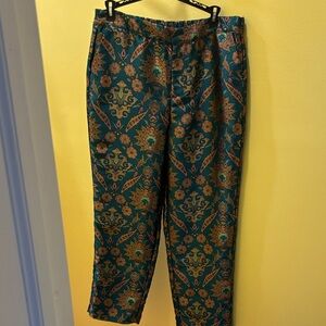 Anthropologie Women's Teal and Gold Patterned Trousers